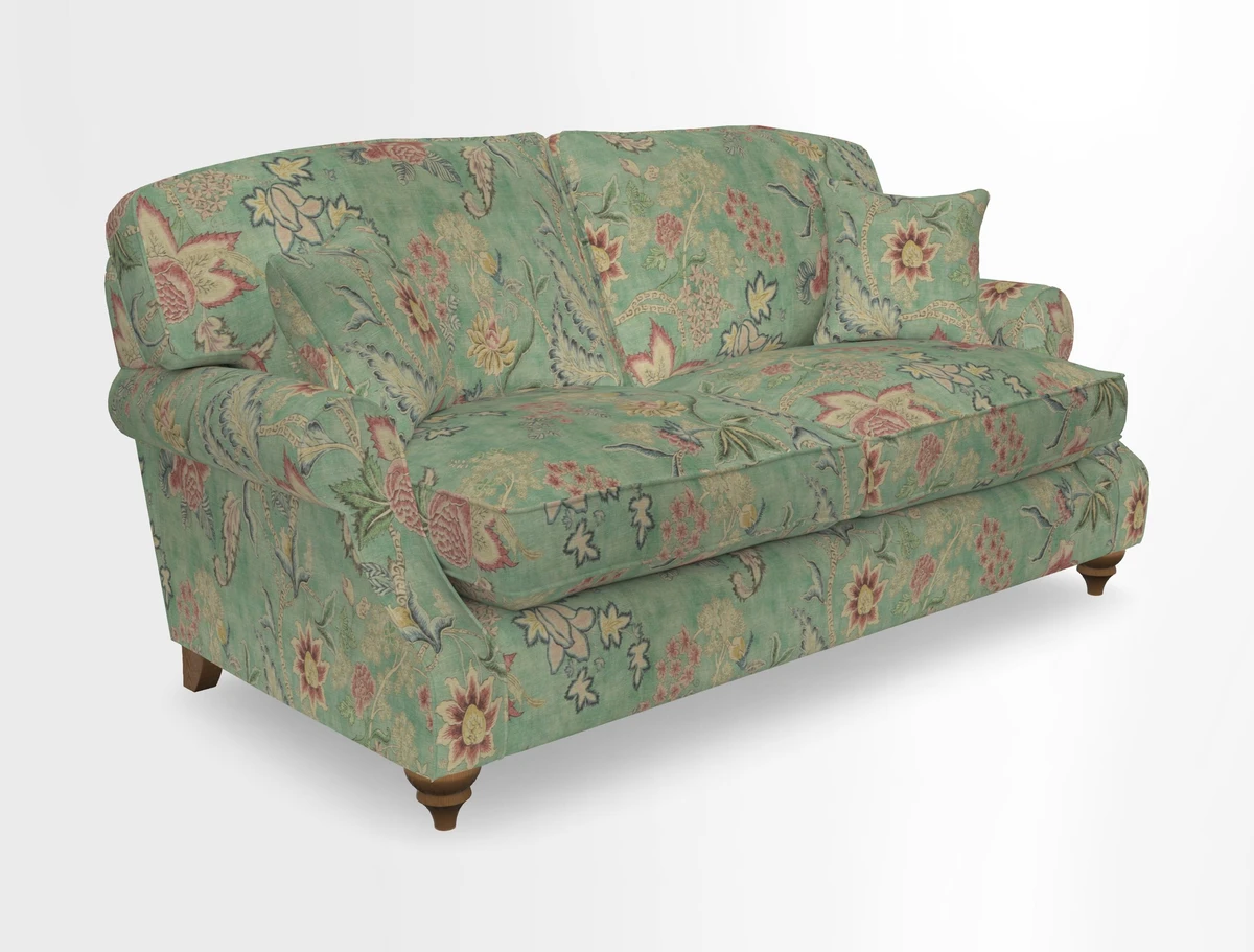 St Mawes 3 Seater Sofa in RHS Collection Gertrude Jekyll Trailing Vine Green-With-Scatters in Linwood Omega Velvet Hunter Green