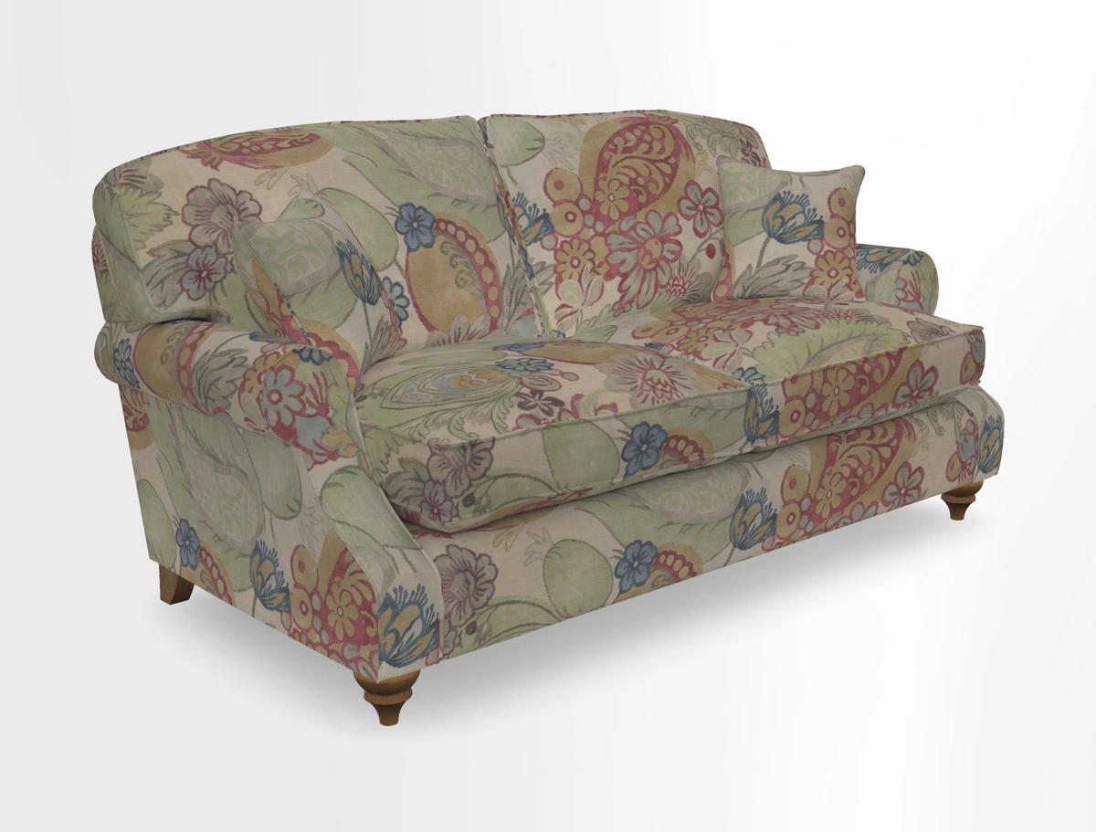 St Mawes 3 Seater Sofa in RHS Collection Gertrude Jekyll Trailing Vine Green-With-Scatters in Linwood Omega Velvet Hunter Green