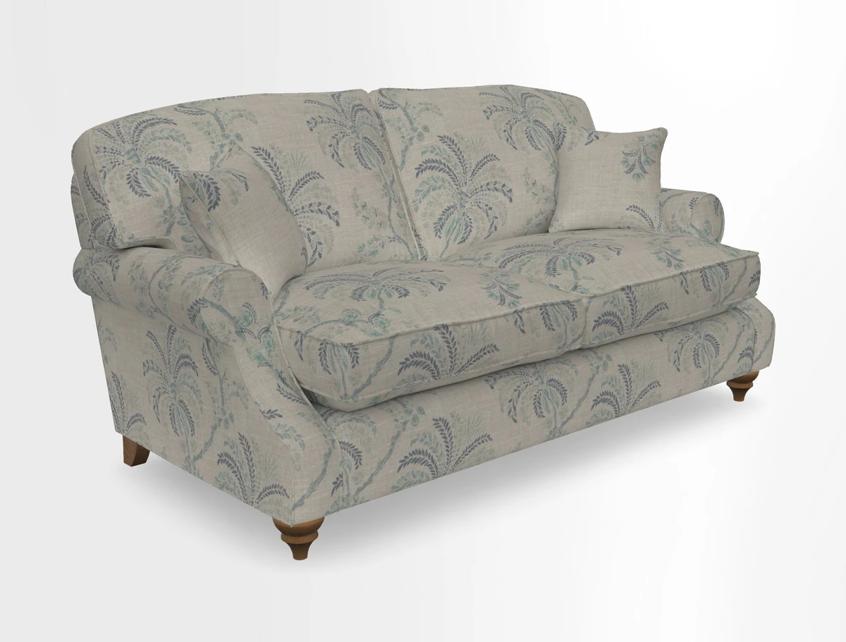 St Mawes 3 Seater Sofa in RHS Collection Gertrude Jekyll Trailing Vine Green-With-Scatters in Linwood Omega Velvet Hunter Green