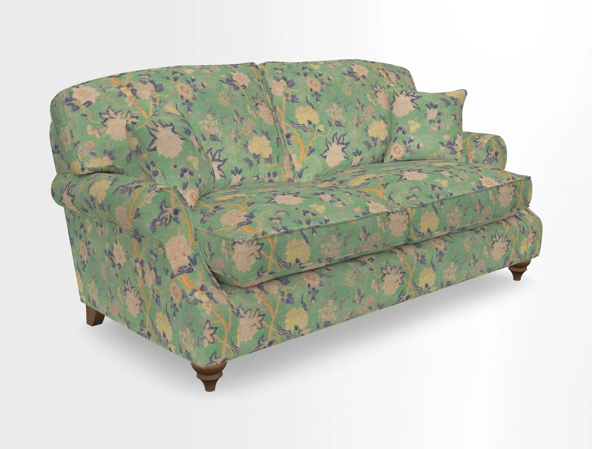 St Mawes 3 Seater Sofa in RHS Collection Gertrude Jekyll Trailing Vine Green-With-Scatters in Linwood Omega Velvet Hunter Green