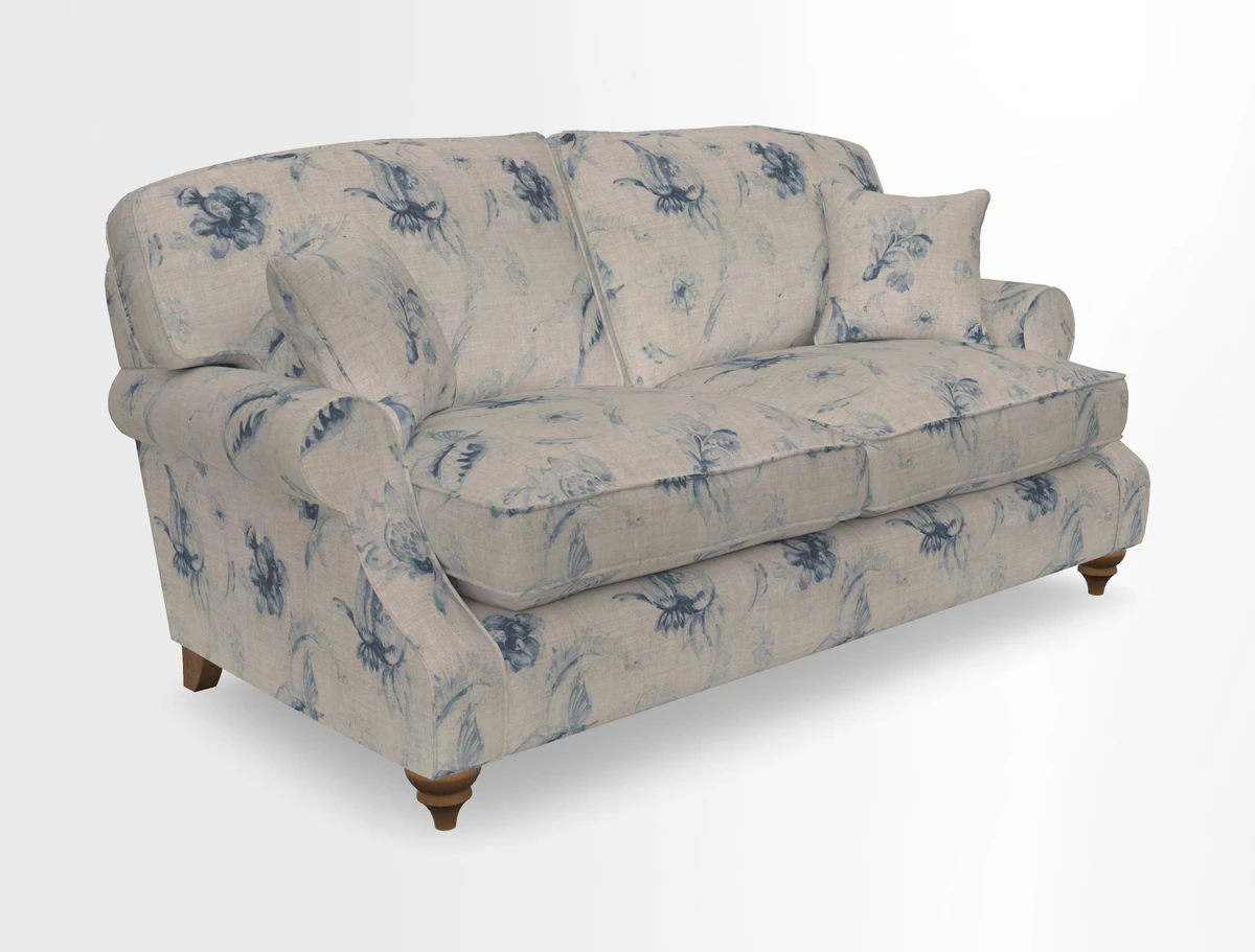 St Mawes 3 Seater Sofa in RHS Collection Gertrude Jekyll Trailing Vine Green-With-Scatters in Linwood Omega Velvet Hunter Green