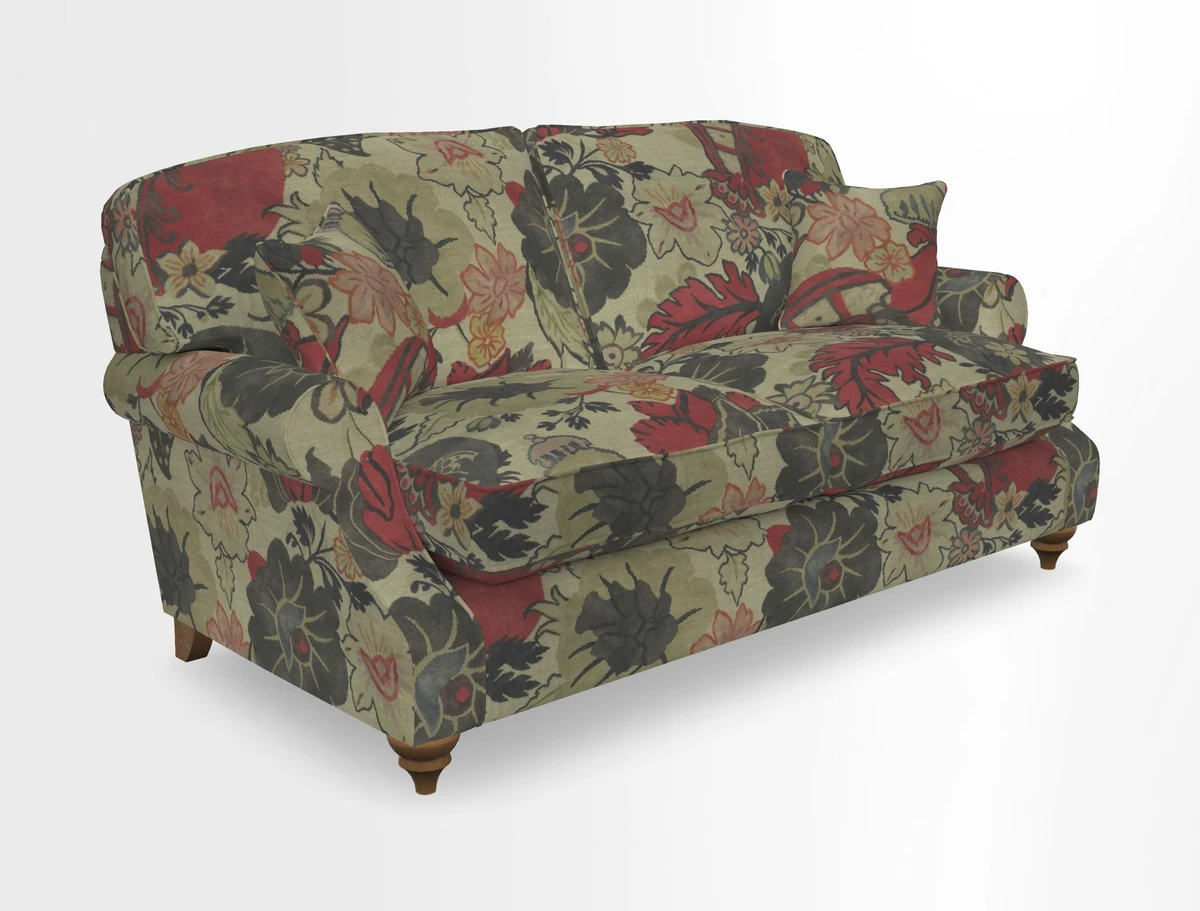 St Mawes 3 Seater Sofa in RHS Collection Gertrude Jekyll Trailing Vine Green-With-Scatters in Linwood Omega Velvet Hunter Green