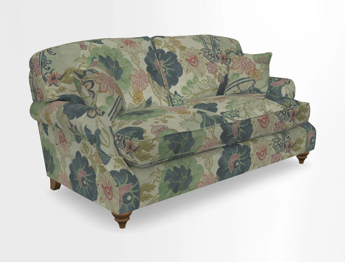 St Mawes 3 Seater Sofa in RHS Collection Gertrude Jekyll Trailing Vine Green-With-Scatters in Linwood Omega Velvet Hunter Green