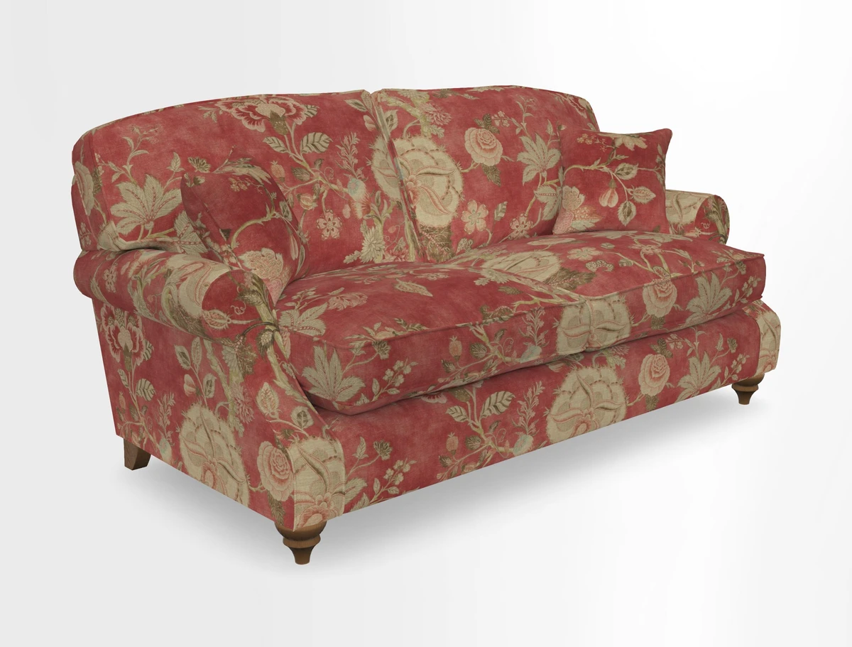 St Mawes 3 Seater Sofa in RHS Collection Gertrude Jekyll Trailing Vine Green-With-Scatters in Linwood Omega Velvet Hunter Green