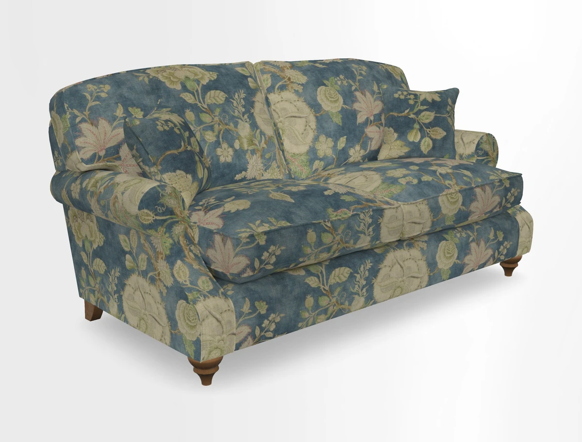 St Mawes 3 Seater Sofa in RHS Collection Gertrude Jekyll Trailing Vine Green-With-Scatters in Linwood Omega Velvet Hunter Green