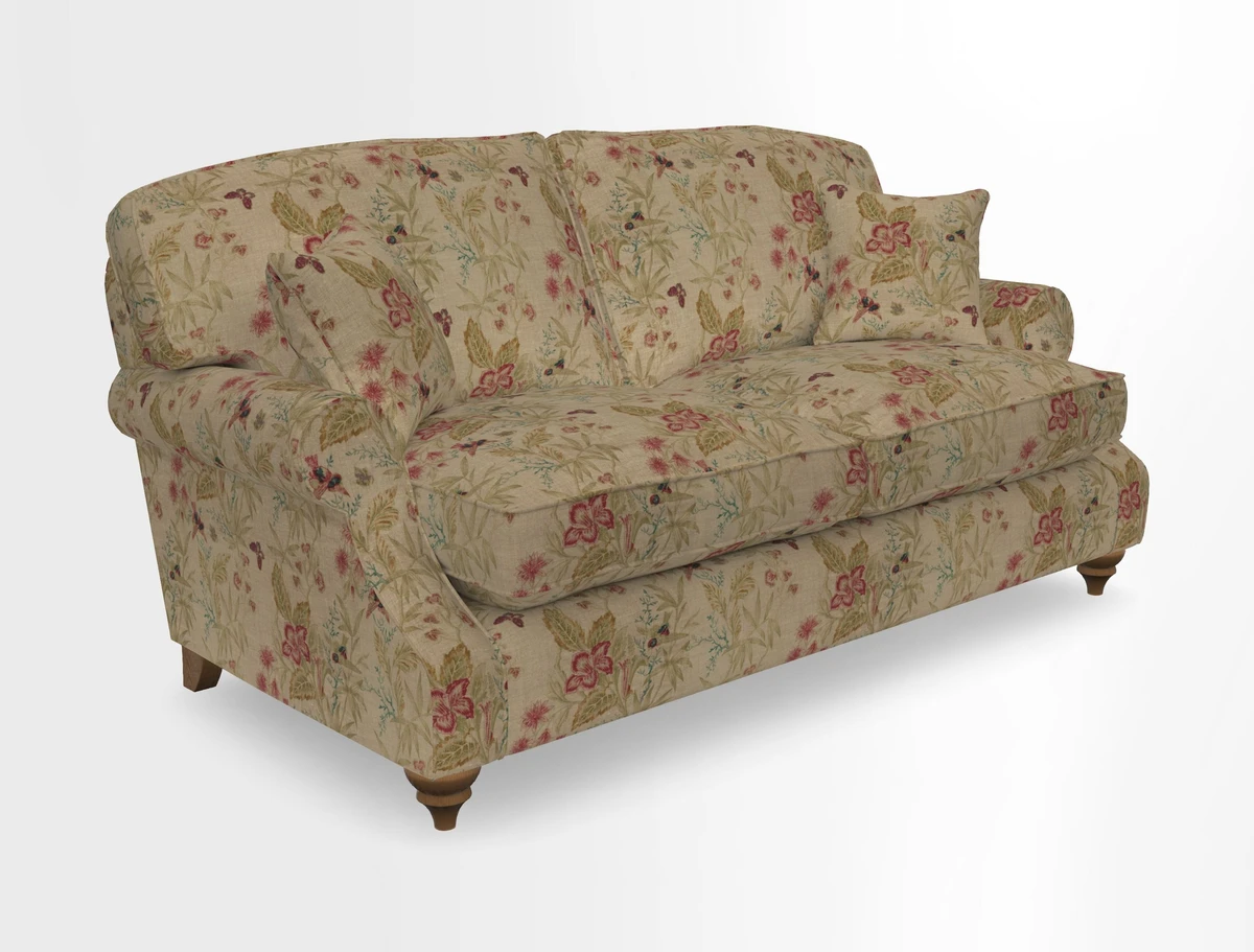St Mawes 3 Seater Sofa in RHS Collection Gertrude Jekyll Trailing Vine Green-With-Scatters in Linwood Omega Velvet Hunter Green
