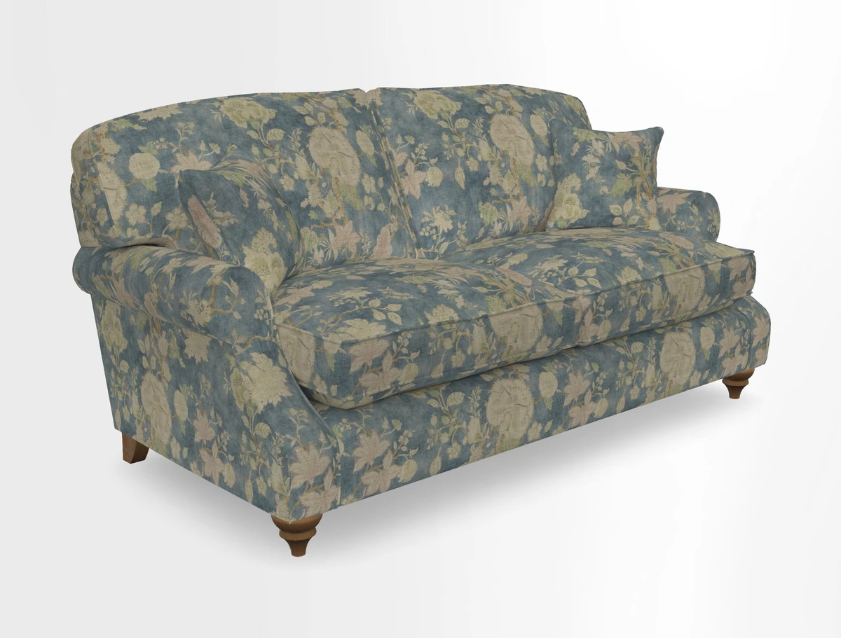 St Mawes 3 Seater Sofa in RHS Collection Gertrude Jekyll Trailing Vine Green-With-Scatters in Linwood Omega Velvet Hunter Green