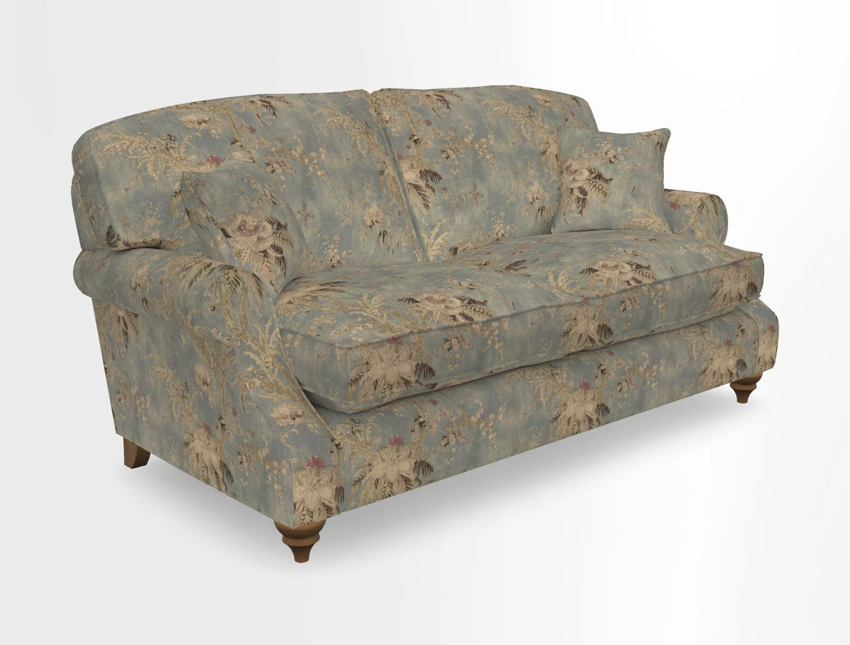 St Mawes 3 Seater Sofa in RHS Collection Gertrude Jekyll Trailing Vine Green-With-Scatters in Linwood Omega Velvet Hunter Green