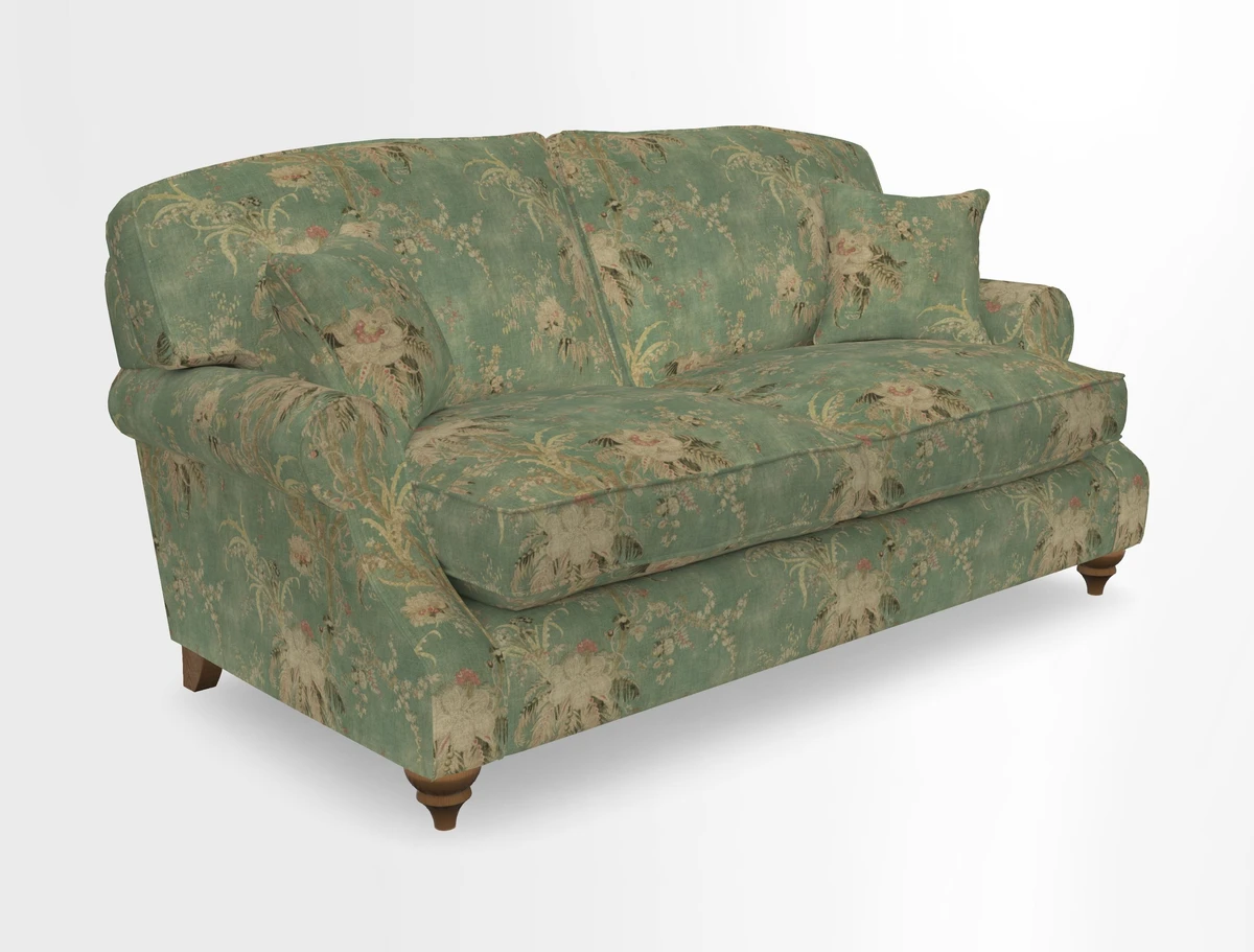 St Mawes 3 Seater Sofa in RHS Collection Gertrude Jekyll Trailing Vine Green-With-Scatters in Linwood Omega Velvet Hunter Green