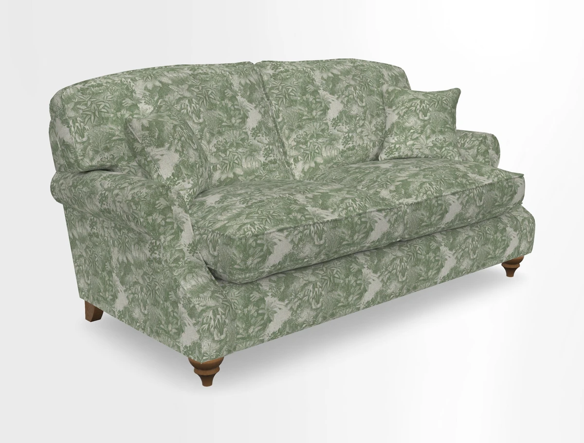 St Mawes 3 Seater Sofa in RHS Collection Gertrude Jekyll Trailing Vine Green-With-Scatters in Linwood Omega Velvet Hunter Green