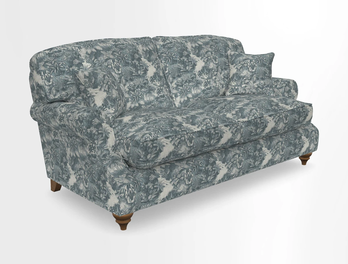 St Mawes 3 Seater Sofa in RHS Collection Gertrude Jekyll Trailing Vine Green-With-Scatters in Linwood Omega Velvet Hunter Green