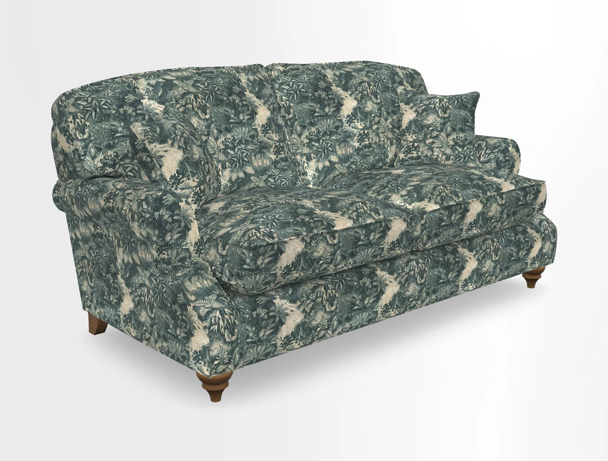 St Mawes 3 Seater Sofa in RHS Collection Gertrude Jekyll Trailing Vine Green-With-Scatters in Linwood Omega Velvet Hunter Green