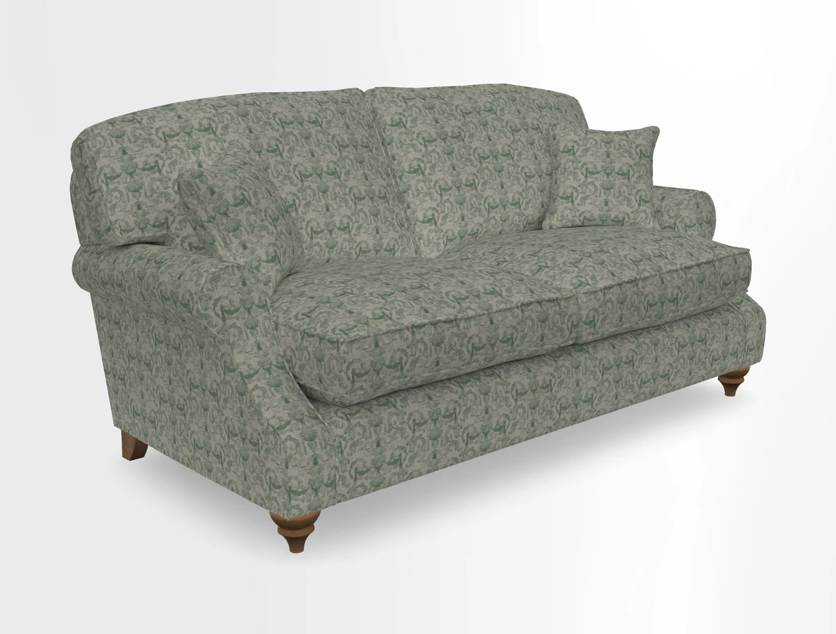 St Mawes 3 Seater Sofa in RHS Collection Gertrude Jekyll Trailing Vine Green-With-Scatters in Linwood Omega Velvet Hunter Green