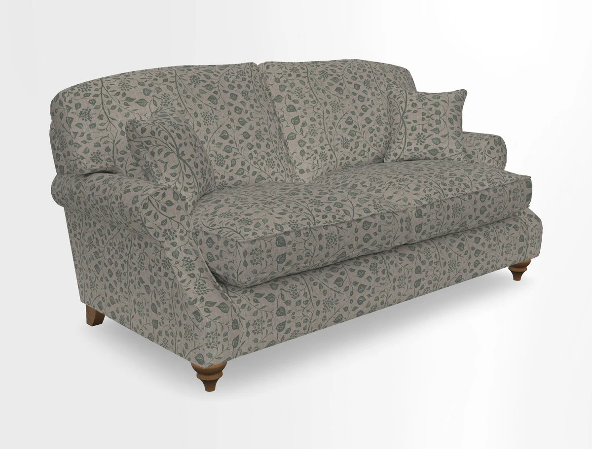 St Mawes 3 Seater Sofa in RHS Collection Gertrude Jekyll Trailing Vine Green-With-Scatters in Linwood Omega Velvet Hunter Green