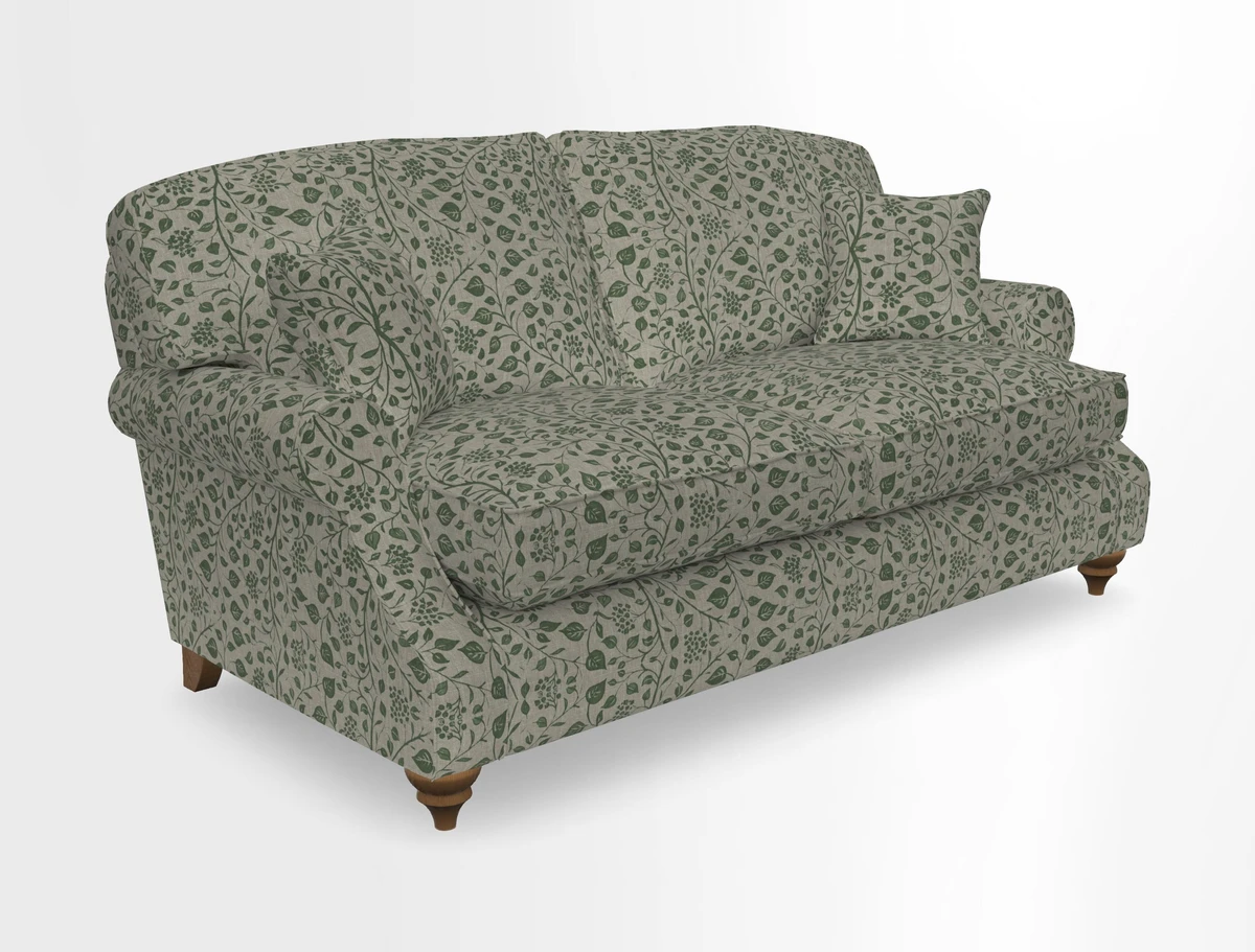 St Mawes 3 Seater Sofa in RHS Collection Gertrude Jekyll Trailing Vine Green-With-Scatters in Linwood Omega Velvet Hunter Green
