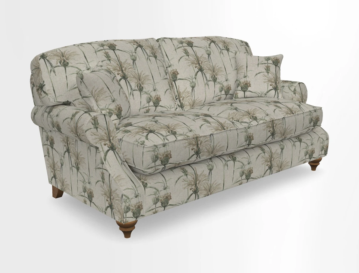 St Mawes 3 Seater Sofa in RHS Collection Gertrude Jekyll Trailing Vine Green-With-Scatters in Linwood Omega Velvet Hunter Green