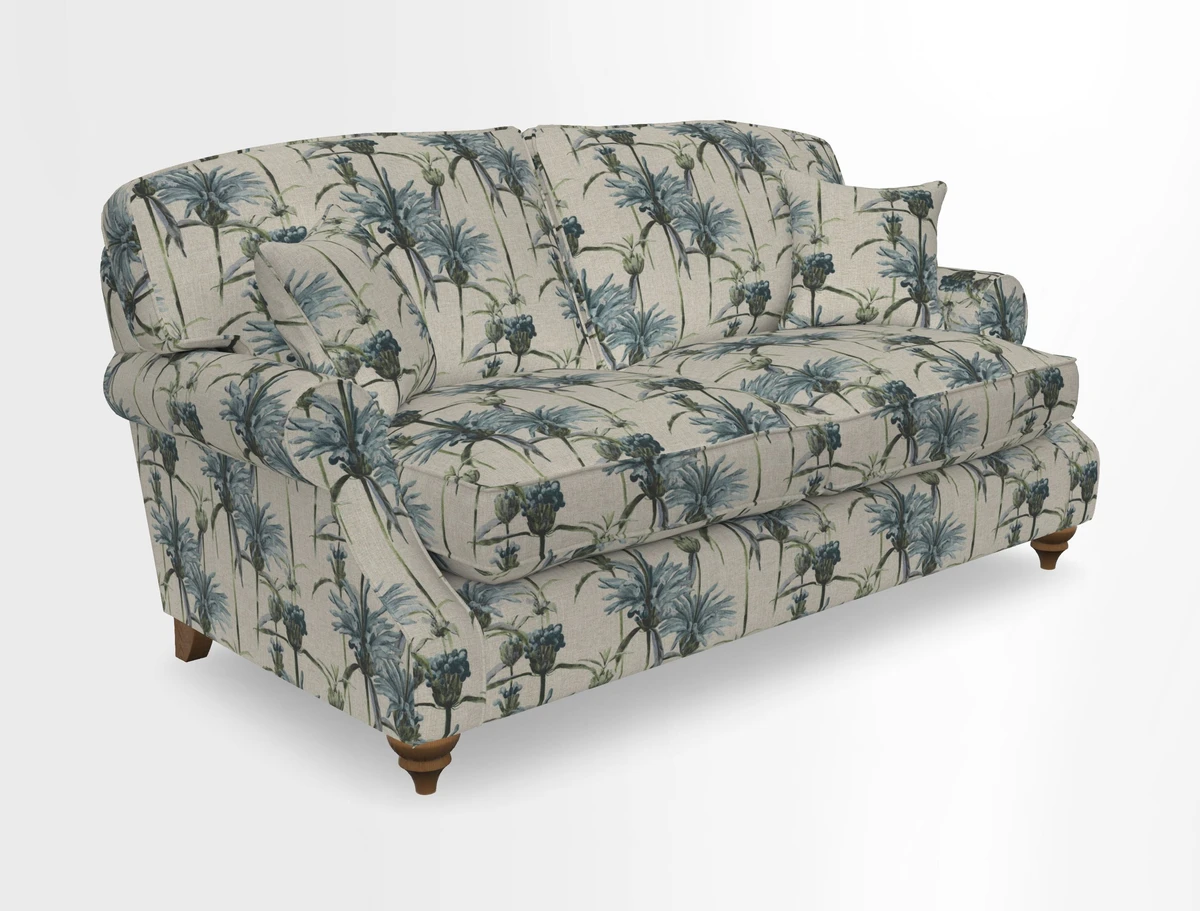 St Mawes 3 Seater Sofa in RHS Collection Gertrude Jekyll Trailing Vine Green-With-Scatters in Linwood Omega Velvet Hunter Green