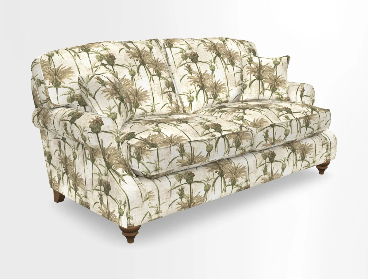 St Mawes 3 Seater Sofa in RHS Collection Gertrude Jekyll Trailing Vine Green-With-Scatters in Linwood Omega Velvet Hunter Green