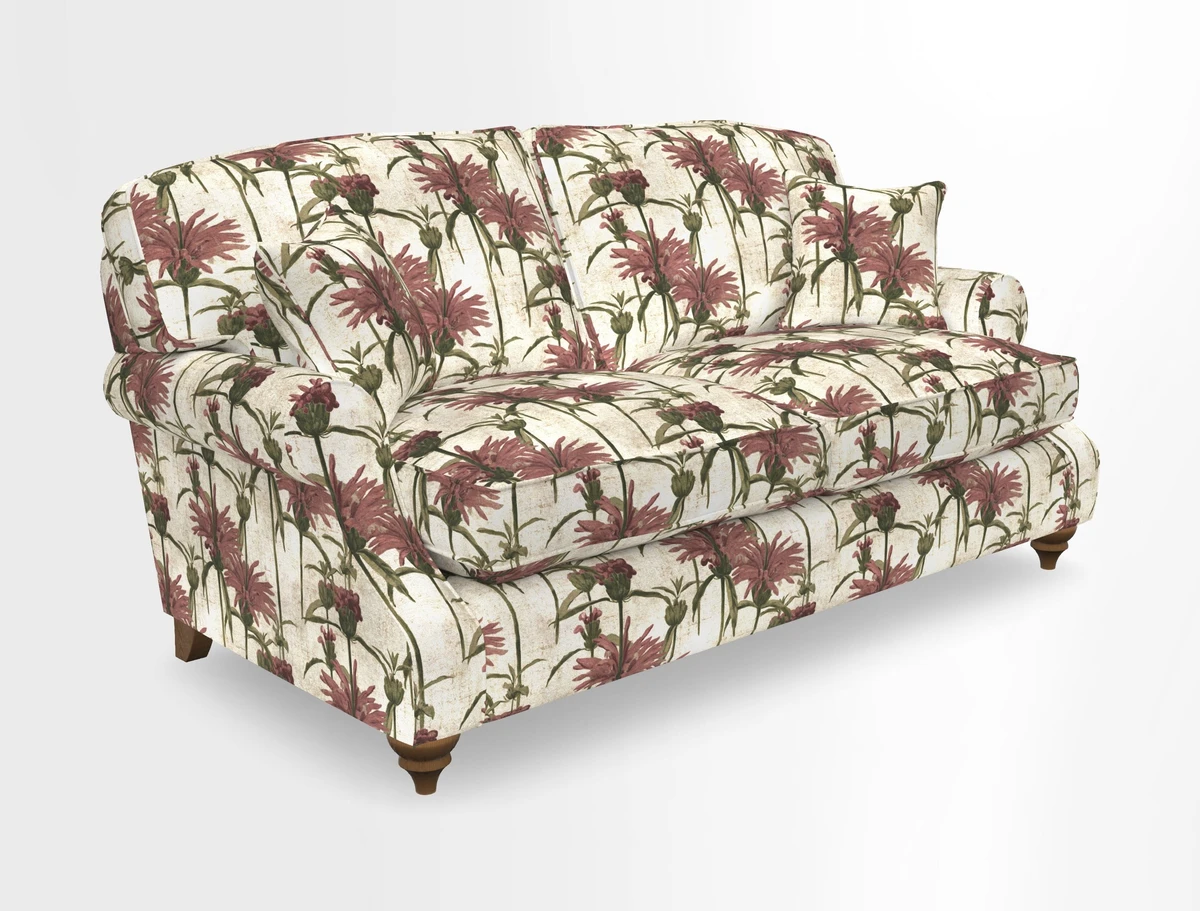 St Mawes 3 Seater Sofa in RHS Collection Gertrude Jekyll Trailing Vine Green-With-Scatters in Linwood Omega Velvet Hunter Green