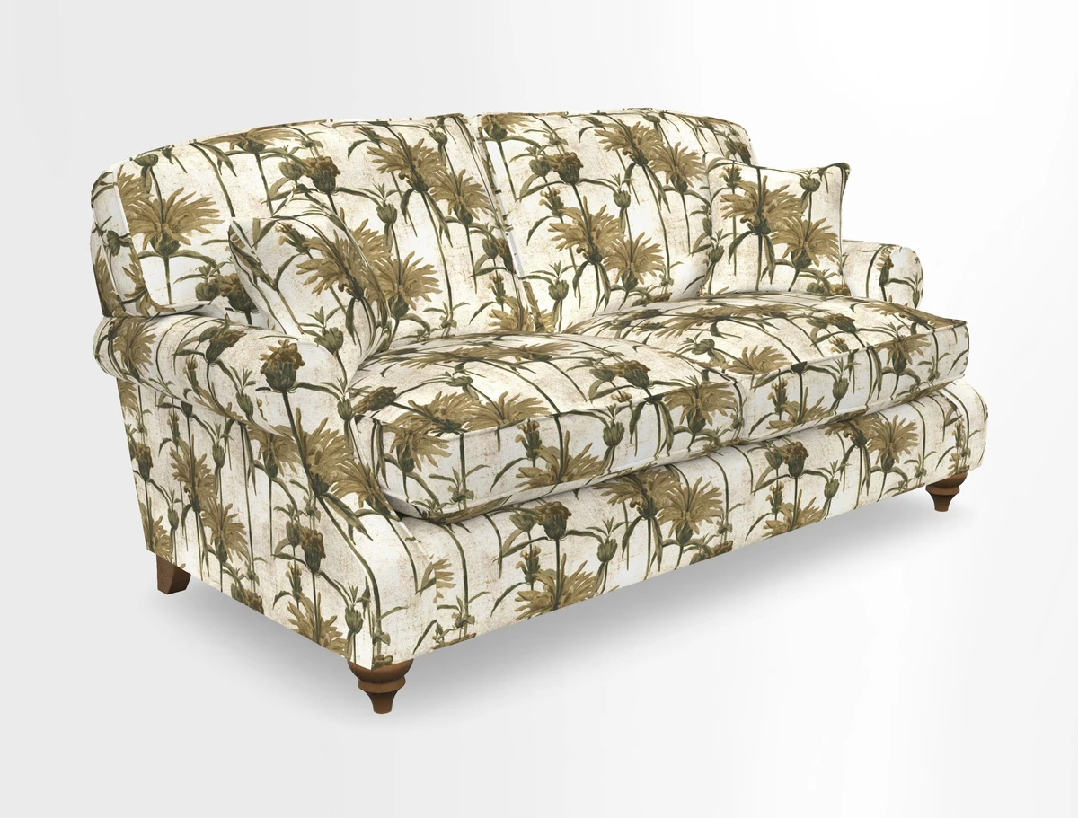 St Mawes 3 Seater Sofa in RHS Collection Gertrude Jekyll Trailing Vine Green-With-Scatters in Linwood Omega Velvet Hunter Green