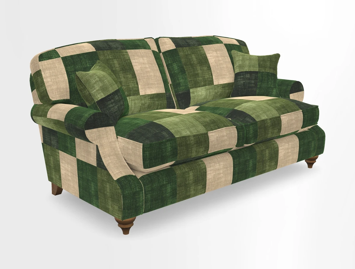 St Mawes 3 Seater Sofa in RHS Collection Gertrude Jekyll Trailing Vine Green-With-Scatters in Linwood Omega Velvet Hunter Green