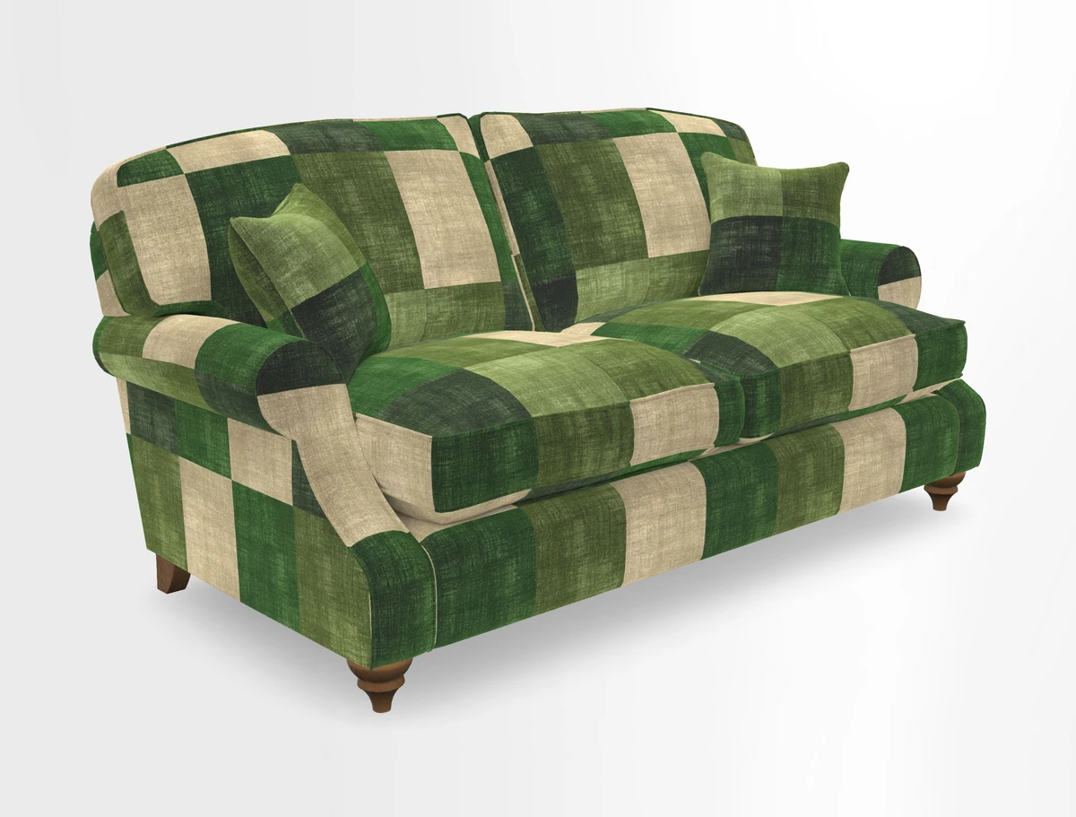 St Mawes 3 Seater Sofa in RHS Collection Gertrude Jekyll Trailing Vine Green-With-Scatters in Linwood Omega Velvet Hunter Green