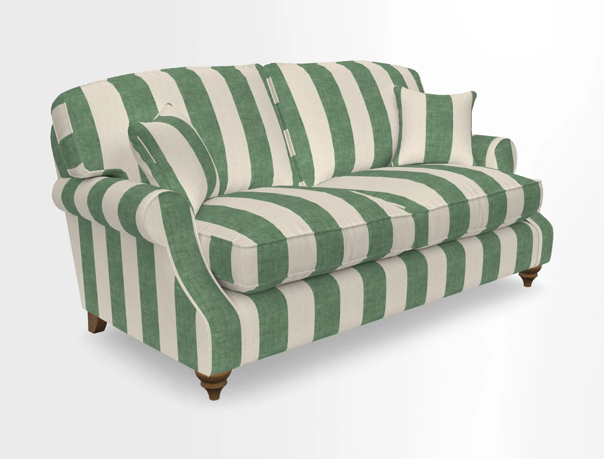 St Mawes 3 Seater Sofa in RHS Collection Gertrude Jekyll Trailing Vine Green-With-Scatters in Linwood Omega Velvet Hunter Green