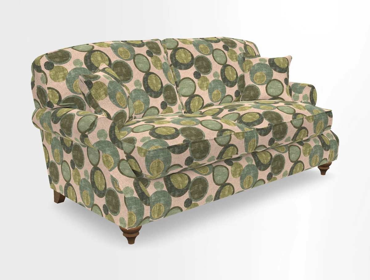 St Mawes 3 Seater Sofa in RHS Collection Gertrude Jekyll Trailing Vine Green-With-Scatters in Linwood Omega Velvet Hunter Green