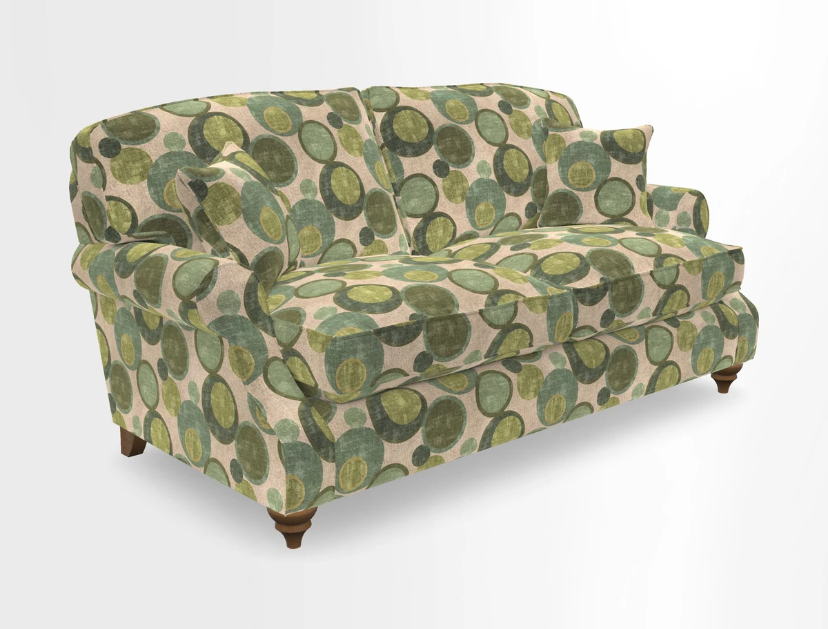 St Mawes 3 Seater Sofa in RHS Collection Gertrude Jekyll Trailing Vine Green-With-Scatters in Linwood Omega Velvet Hunter Green