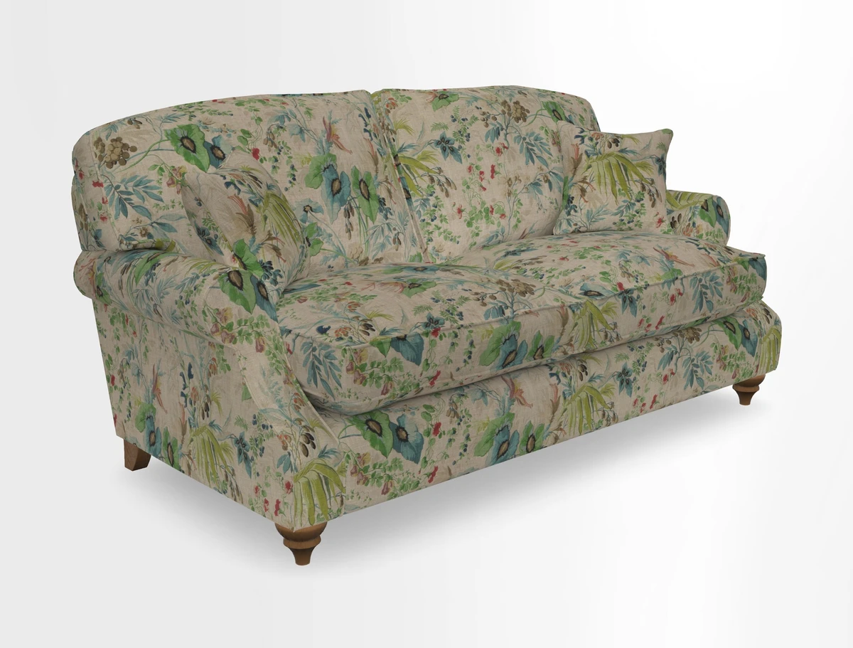 St Mawes 3 Seater Sofa in RHS Collection Gertrude Jekyll Trailing Vine Green-With-Scatters in Linwood Omega Velvet Hunter Green
