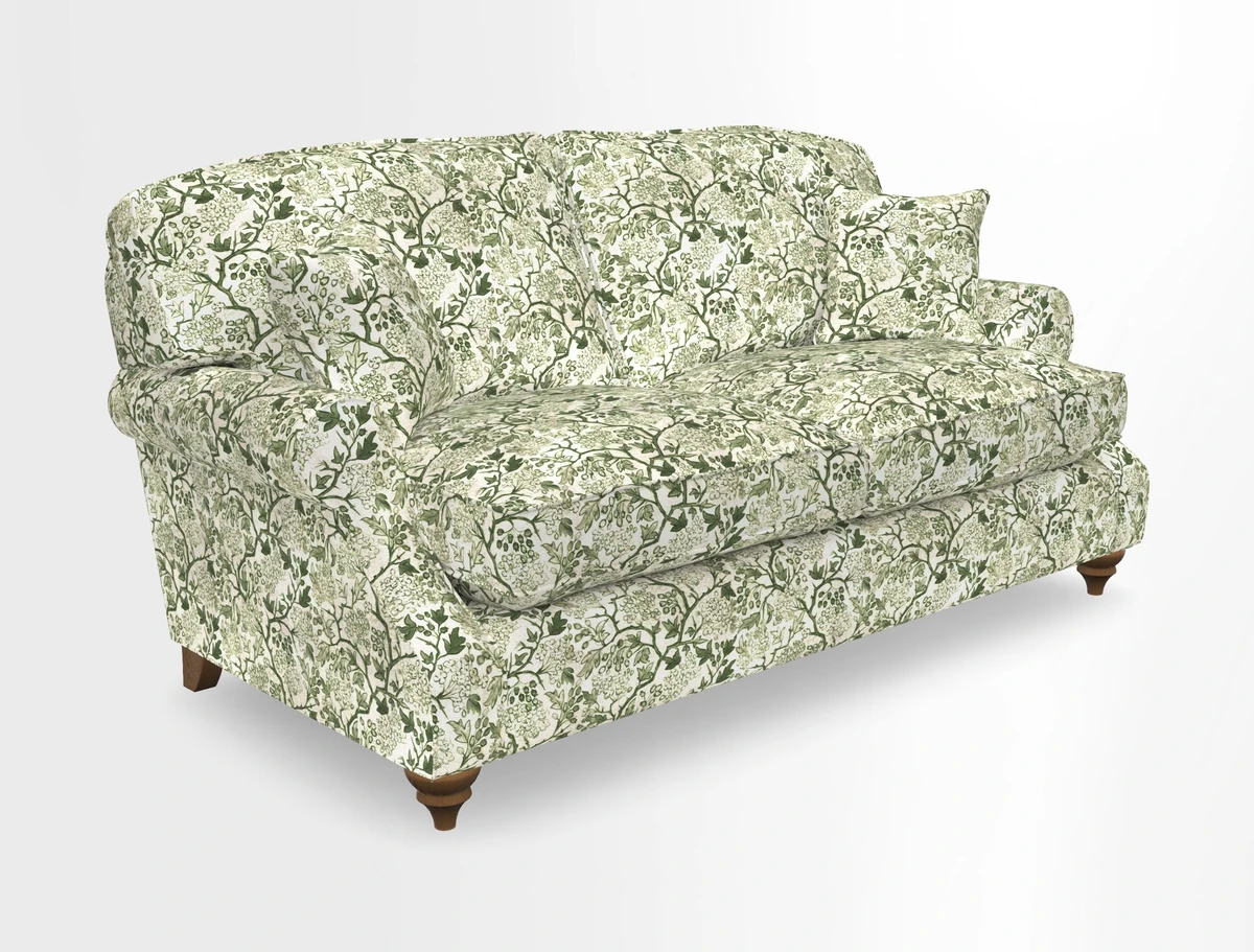 St Mawes 3 Seater Sofa in RHS Collection Gertrude Jekyll Trailing Vine Green-With-Scatters in Linwood Omega Velvet Hunter Green