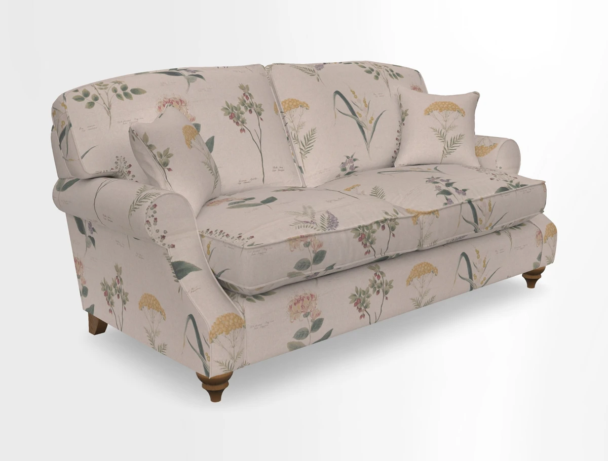 St Mawes 3 Seater Sofa in RHS Collection Gertrude Jekyll Trailing Vine Green-With-Scatters in Linwood Omega Velvet Hunter Green