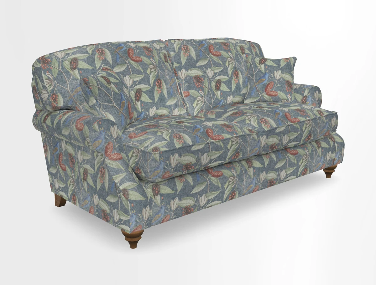 St Mawes 3 Seater Sofa in RHS Collection Gertrude Jekyll Trailing Vine Green-With-Scatters in Linwood Omega Velvet Hunter Green