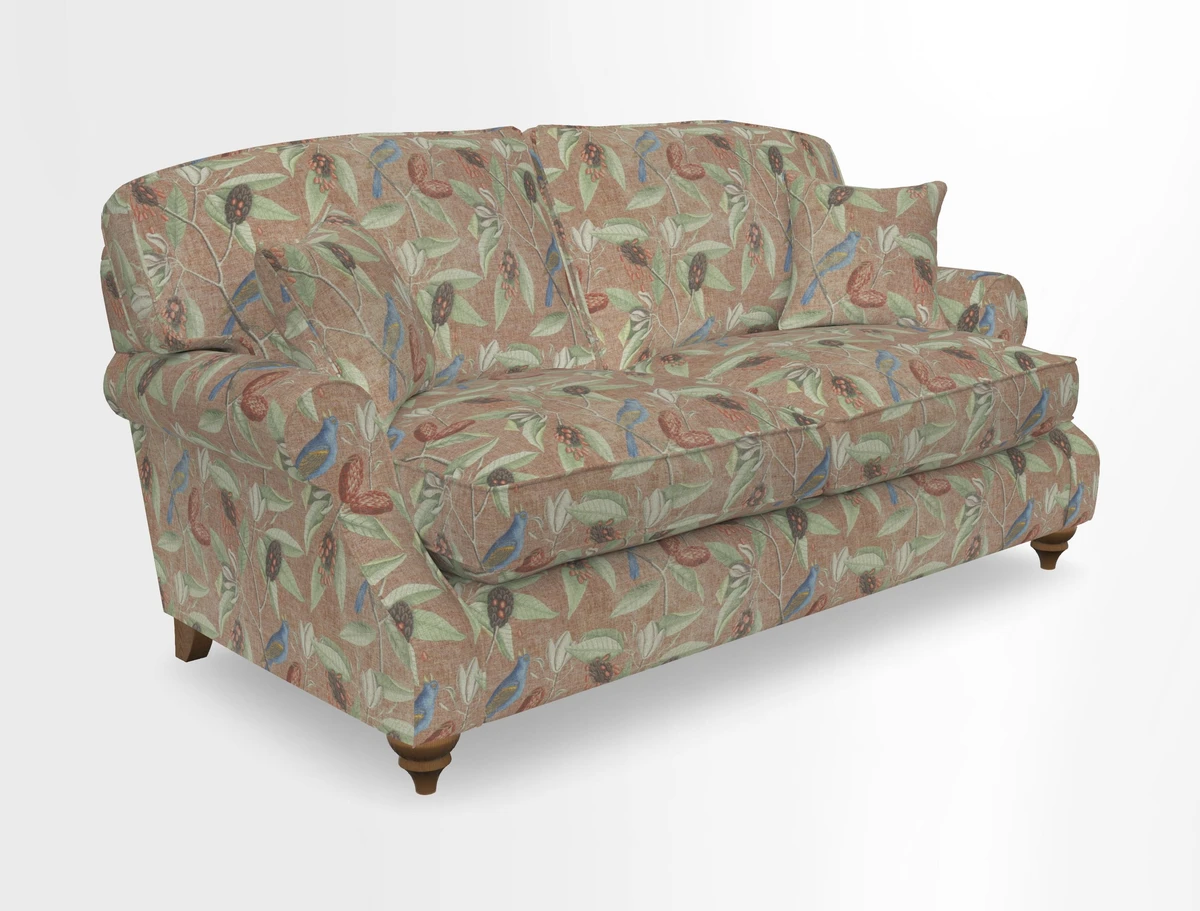 St Mawes 3 Seater Sofa in RHS Collection Gertrude Jekyll Trailing Vine Green-With-Scatters in Linwood Omega Velvet Hunter Green