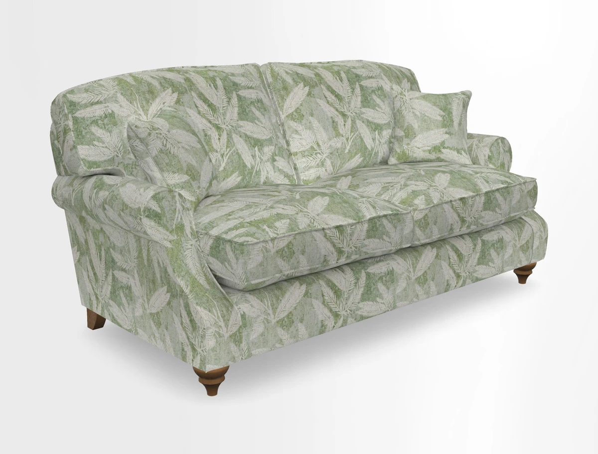 St Mawes 3 Seater Sofa in RHS Collection Gertrude Jekyll Trailing Vine Green-With-Scatters in Linwood Omega Velvet Hunter Green