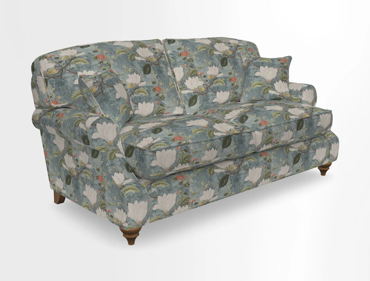 St Mawes 3 Seater Sofa in RHS Collection Gertrude Jekyll Trailing Vine Green-With-Scatters in Linwood Omega Velvet Hunter Green