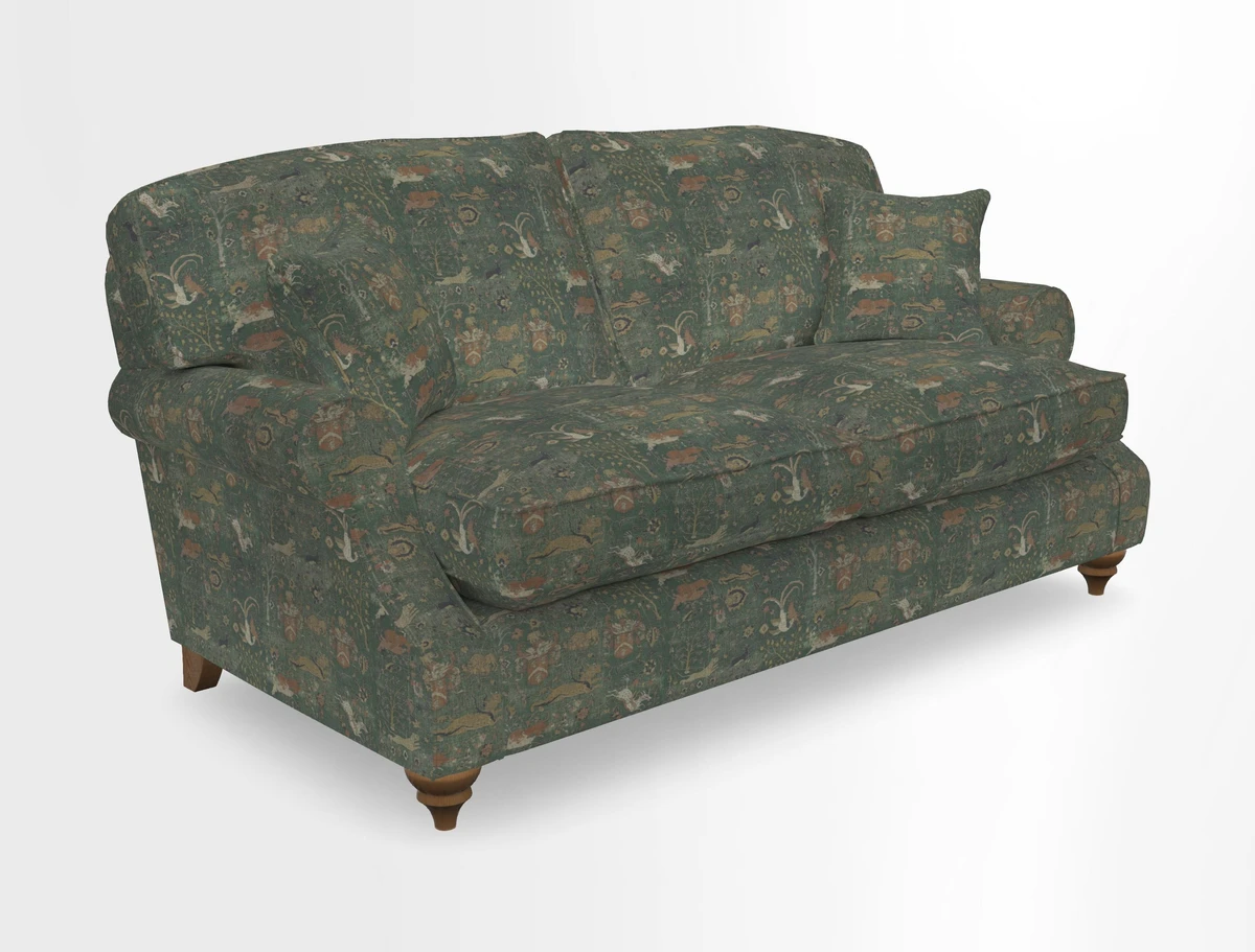 St Mawes 3 Seater Sofa in RHS Collection Gertrude Jekyll Trailing Vine Green-With-Scatters in Linwood Omega Velvet Hunter Green