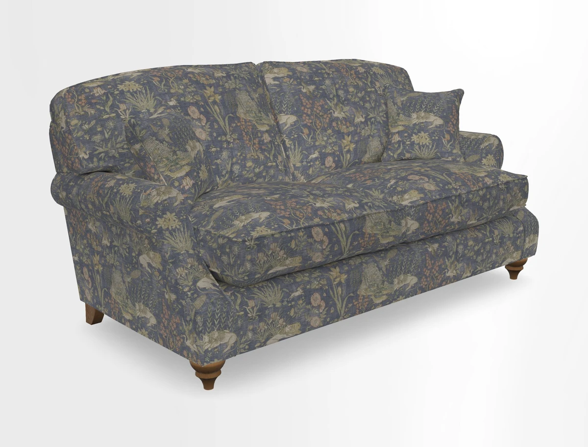 St Mawes 3 Seater Sofa in RHS Collection Gertrude Jekyll Trailing Vine Green-With-Scatters in Linwood Omega Velvet Hunter Green