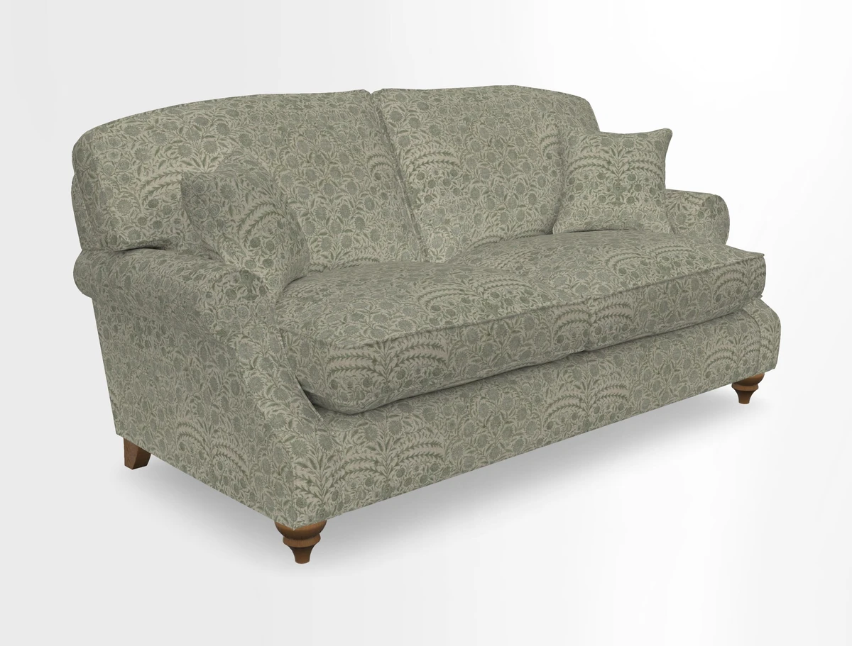 St Mawes 3 Seater Sofa in RHS Collection Gertrude Jekyll Trailing Vine Green-With-Scatters in Linwood Omega Velvet Hunter Green