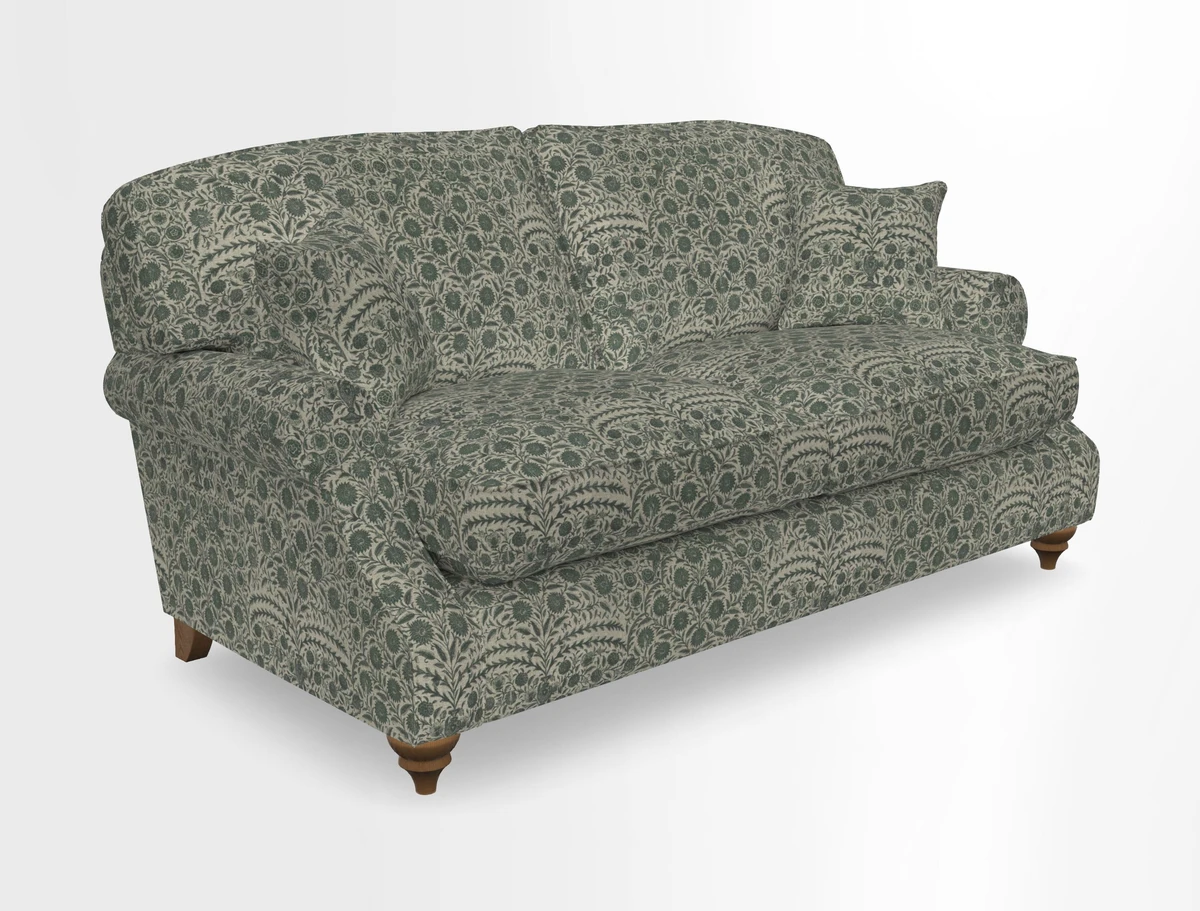 St Mawes 3 Seater Sofa in RHS Collection Gertrude Jekyll Trailing Vine Green-With-Scatters in Linwood Omega Velvet Hunter Green