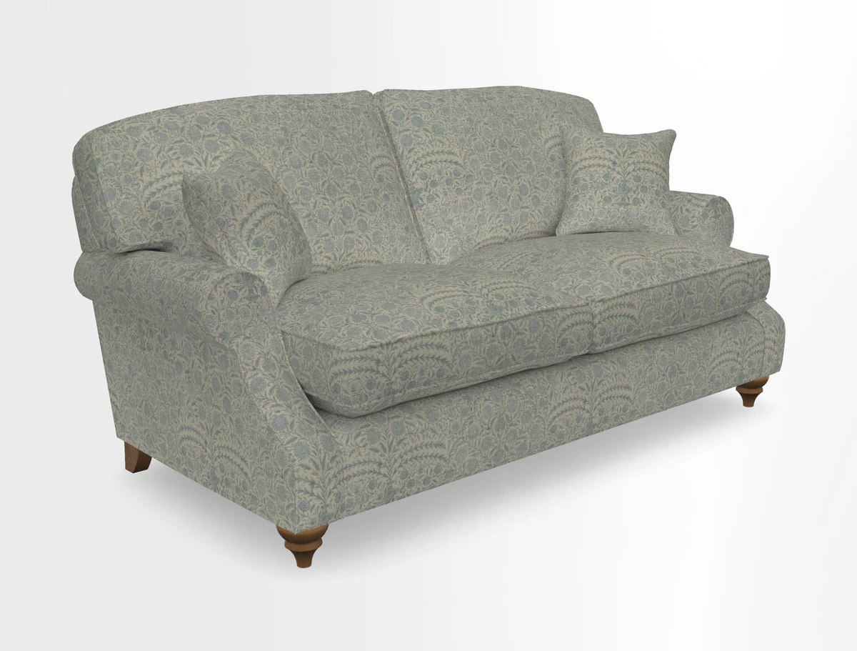 St Mawes 3 Seater Sofa in RHS Collection Gertrude Jekyll Trailing Vine Green-With-Scatters in Linwood Omega Velvet Hunter Green