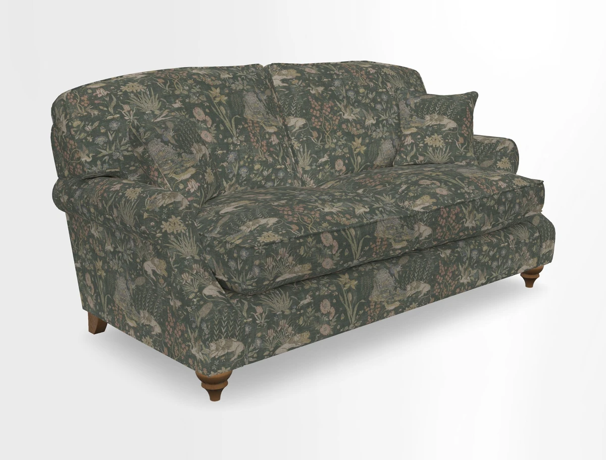 St Mawes 3 Seater Sofa in RHS Collection Gertrude Jekyll Trailing Vine Green-With-Scatters in Linwood Omega Velvet Hunter Green