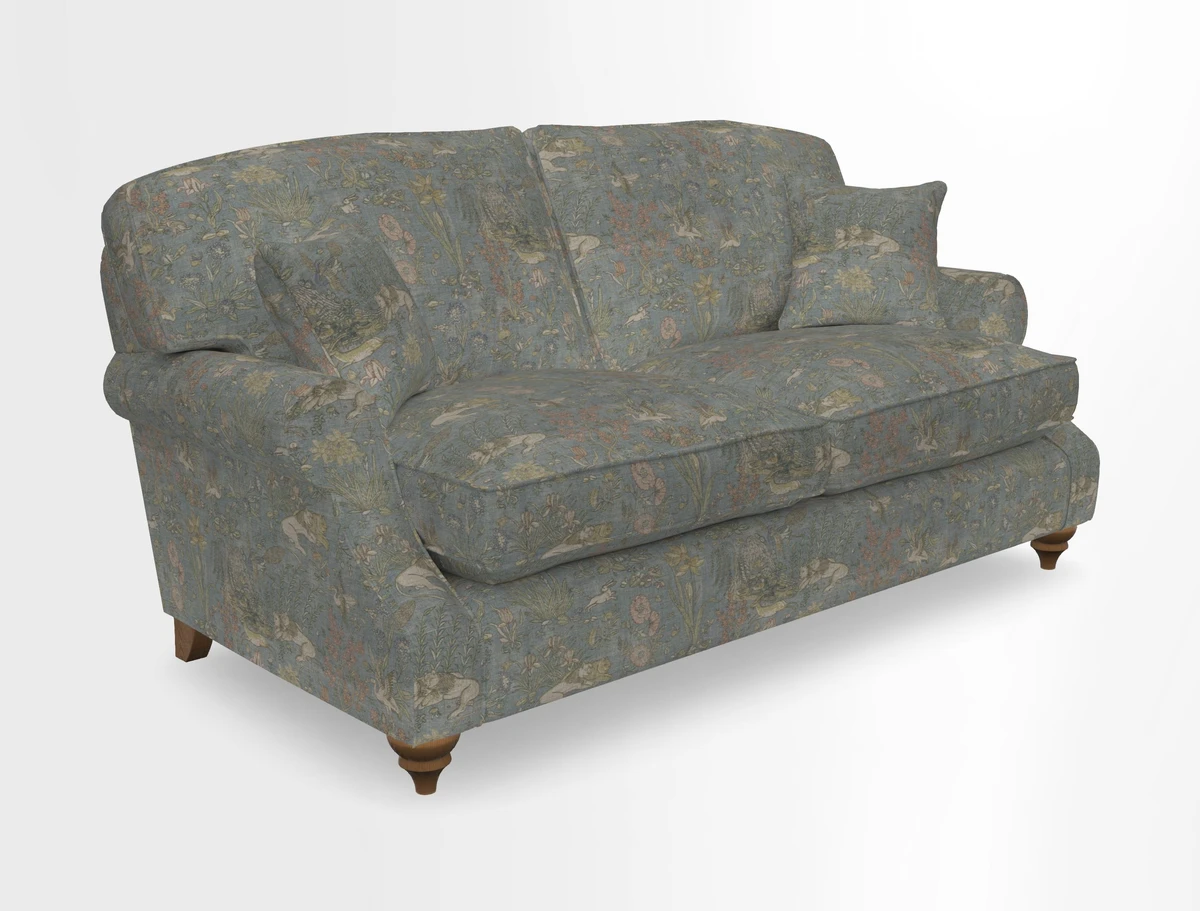 St Mawes 3 Seater Sofa in RHS Collection Gertrude Jekyll Trailing Vine Green-With-Scatters in Linwood Omega Velvet Hunter Green