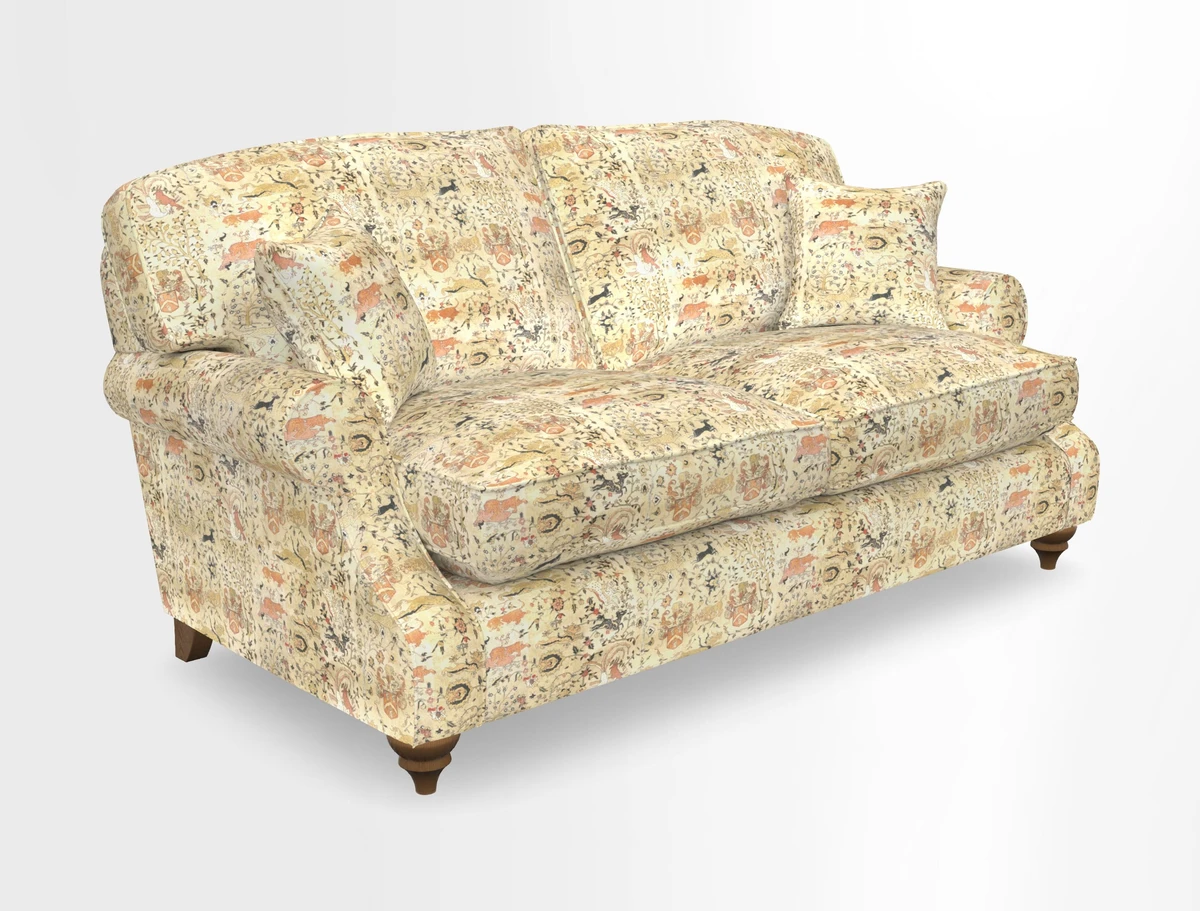 St Mawes 3 Seater Sofa in RHS Collection Gertrude Jekyll Trailing Vine Green-With-Scatters in Linwood Omega Velvet Hunter Green