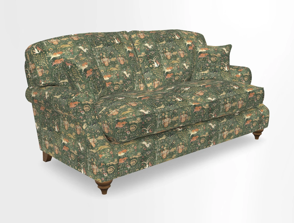 St Mawes 3 Seater Sofa in RHS Collection Gertrude Jekyll Trailing Vine Green-With-Scatters in Linwood Omega Velvet Hunter Green