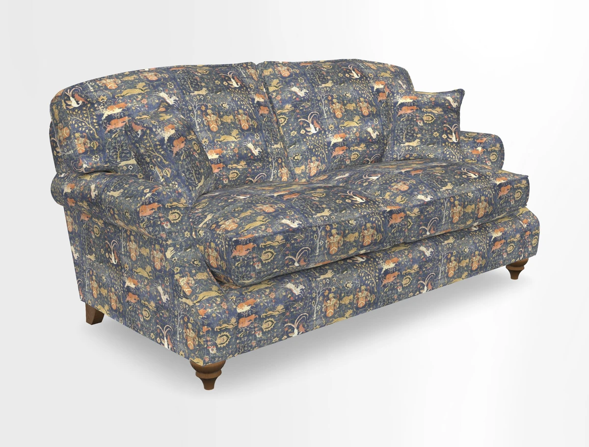 St Mawes 3 Seater Sofa in RHS Collection Gertrude Jekyll Trailing Vine Green-With-Scatters in Linwood Omega Velvet Hunter Green