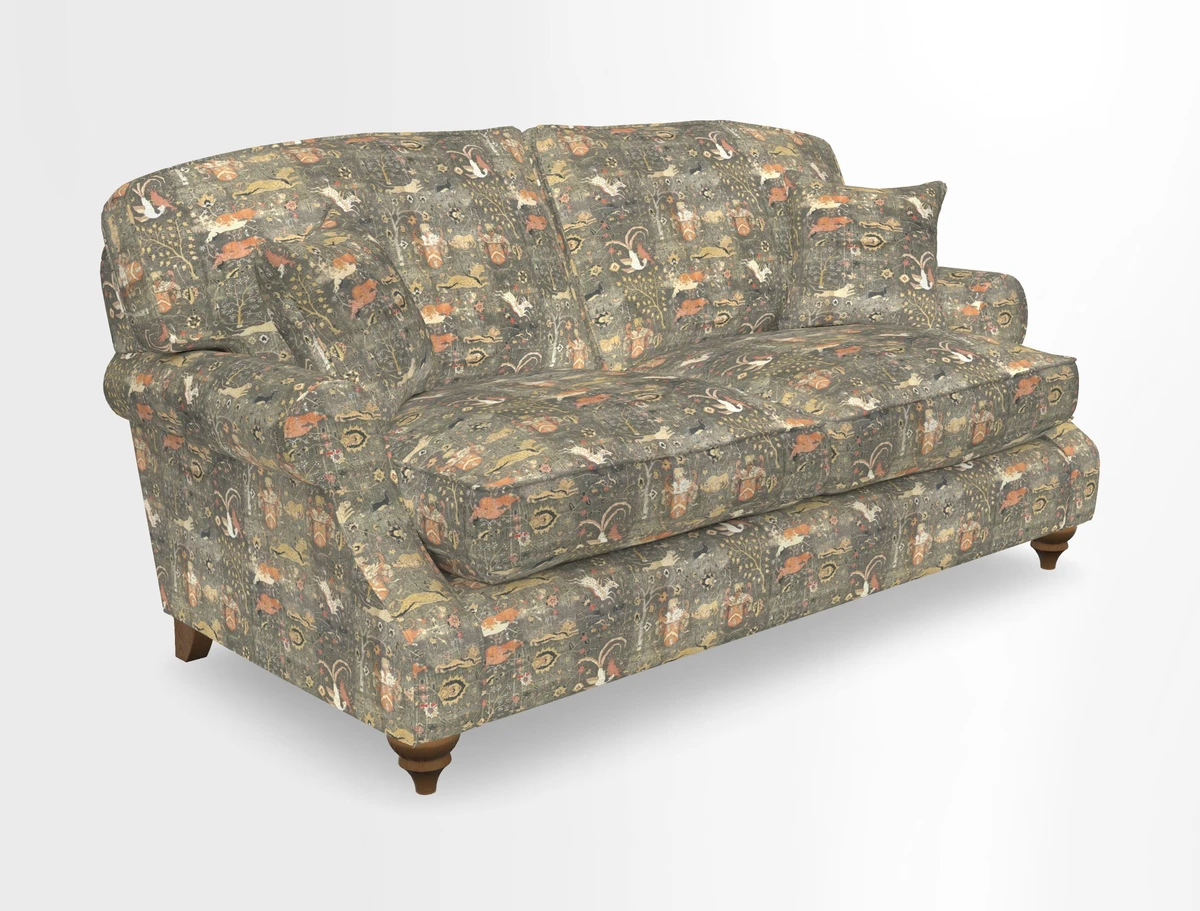 St Mawes 3 Seater Sofa in RHS Collection Gertrude Jekyll Trailing Vine Green-With-Scatters in Linwood Omega Velvet Hunter Green