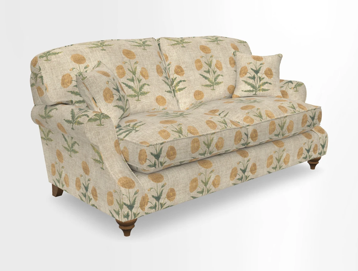 St Mawes 3 Seater Sofa in RHS Collection Gertrude Jekyll Trailing Vine Green-With-Scatters in Linwood Omega Velvet Hunter Green