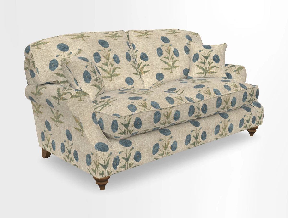 St Mawes 3 Seater Sofa in RHS Collection Gertrude Jekyll Trailing Vine Green-With-Scatters in Linwood Omega Velvet Hunter Green