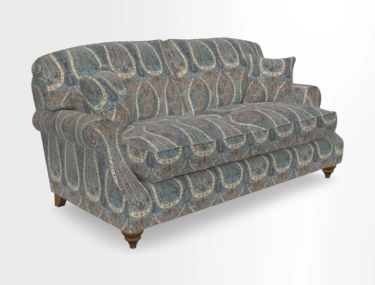 St Mawes 3 Seater Sofa in RHS Collection Gertrude Jekyll Trailing Vine Green-With-Scatters in Linwood Omega Velvet Hunter Green